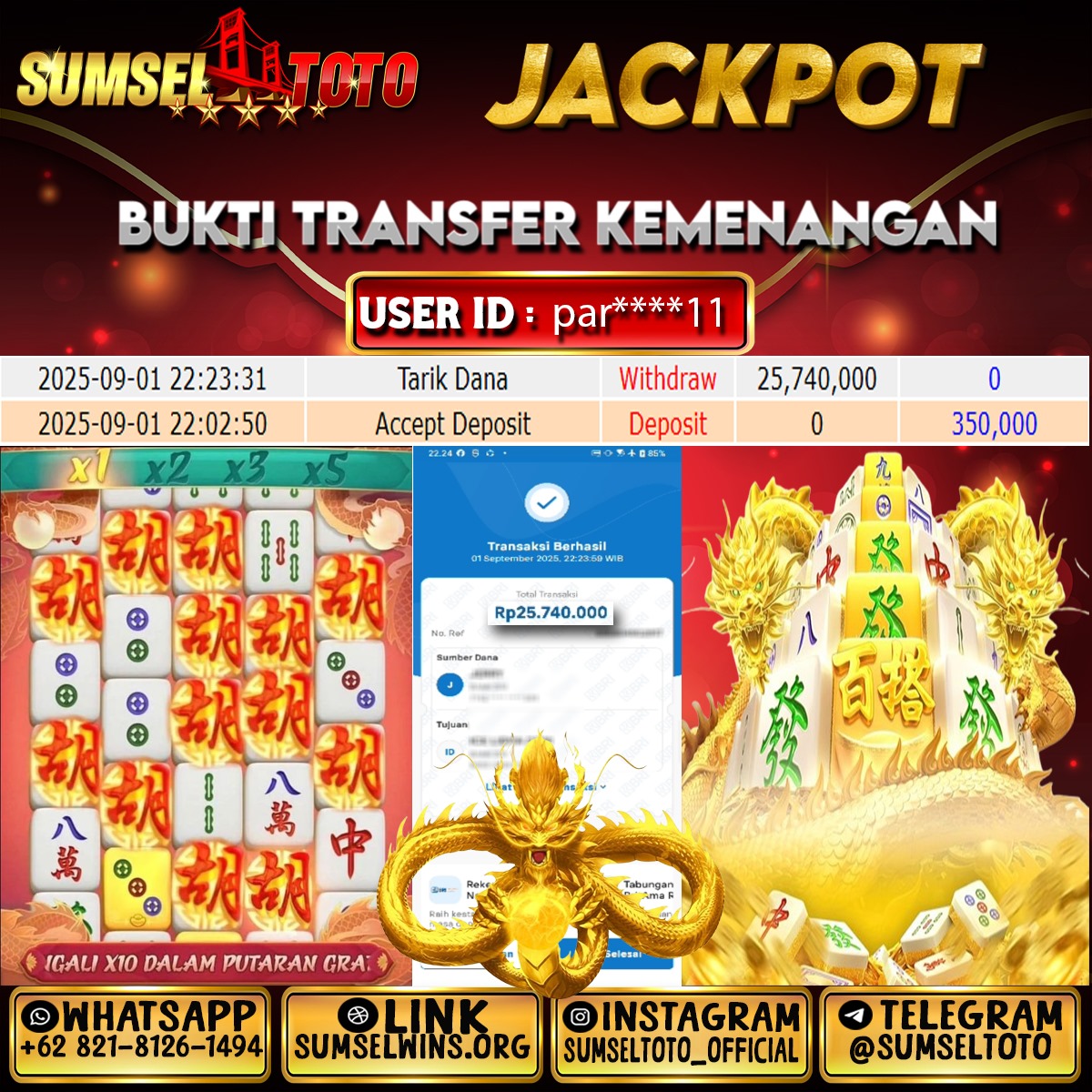 SUMSELTOTO JACKPOT MAHJONG WAYS  Rp.25,740,000.,- LUNAS